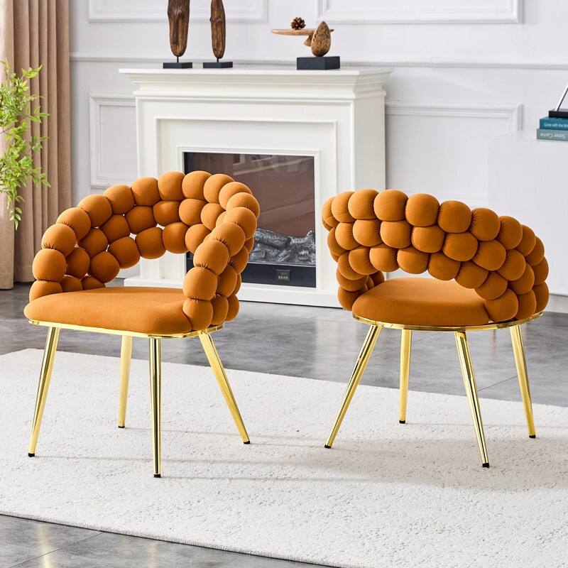 Set of 2 Puffy Bubble Velvet Dining Chairs with Ball Chain Design - Orange+Gold