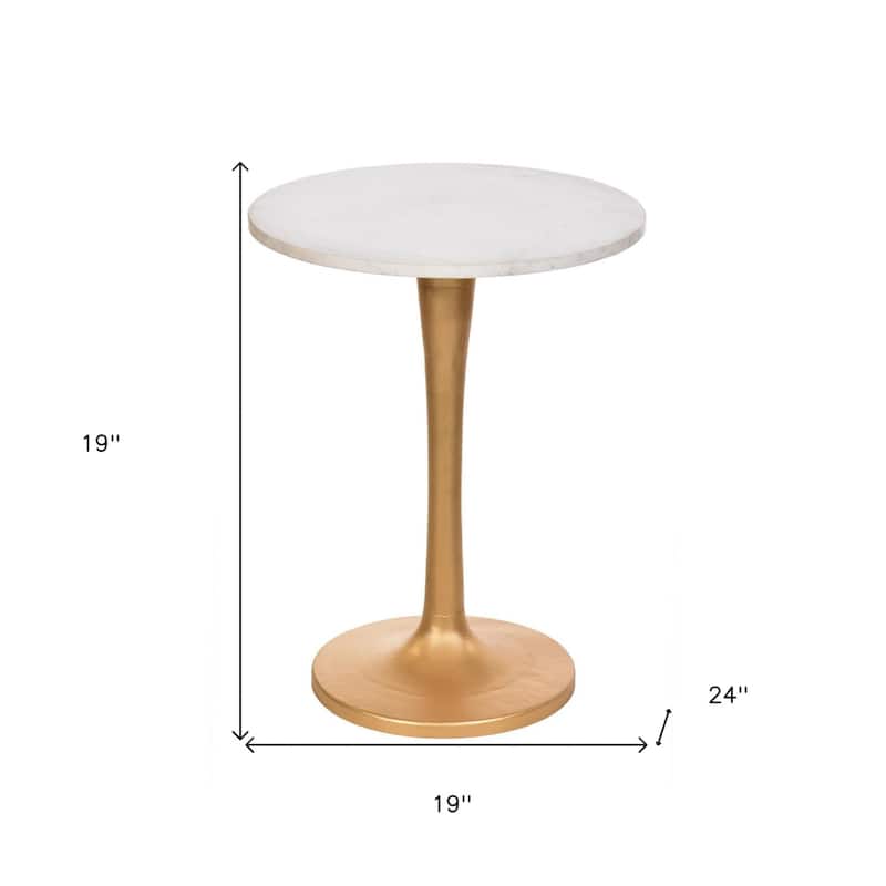 Marble Round End Table with Iron Pedestal Base, Modern Style