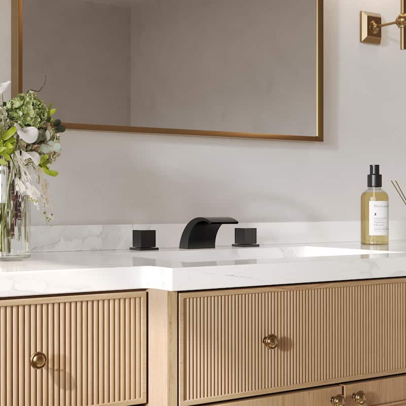 GRANDJOY Low Arc Waterfall Widespread Bathroom Sink Faucet - Matte Black