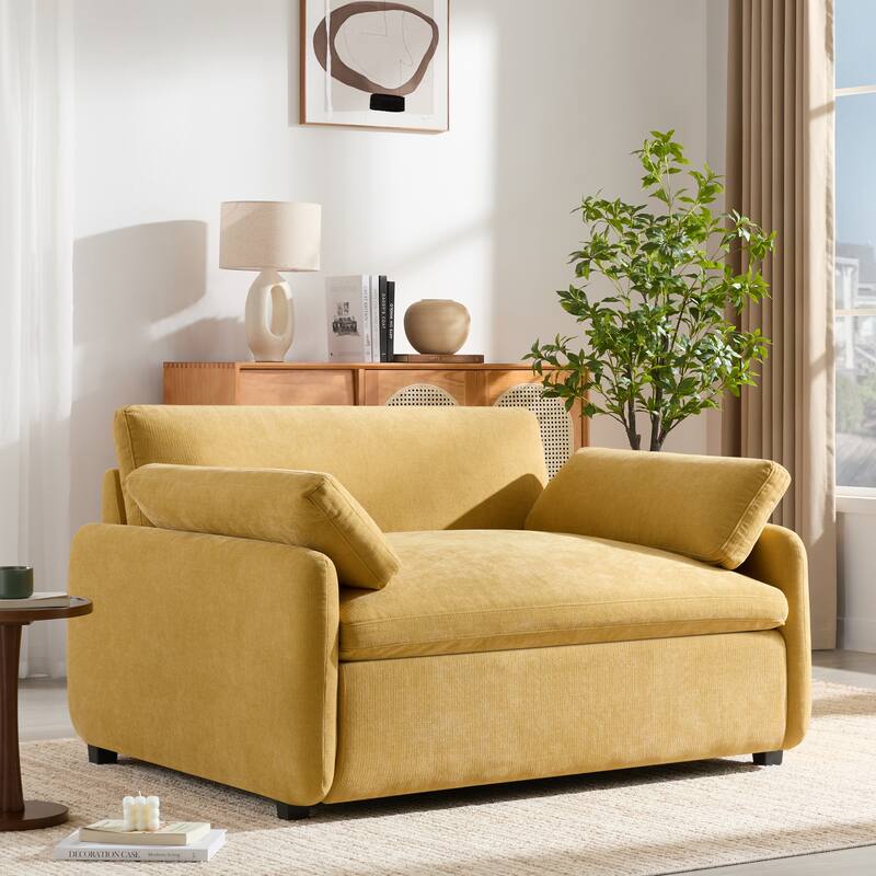 50" Oversized Chenille Lounge Chair - Wide Deep Seat Armchair with Color Block Design & Throw Pillows - Yellow