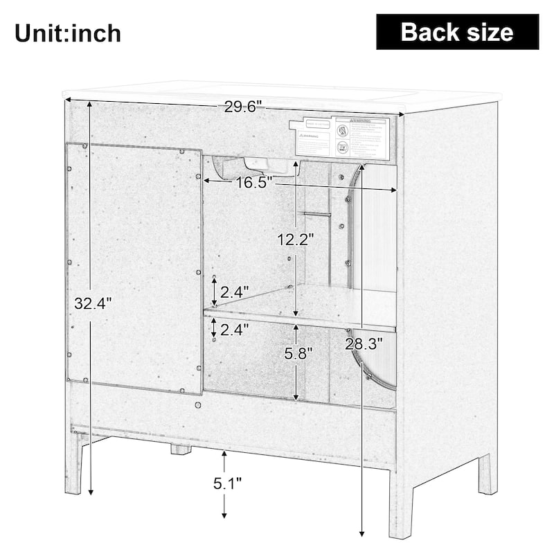 Modern Bathroom Storage Cabinet Vanity with Oval Hazy Glass Door, Acrylic Handles, 2 Different Size Drawers and Adjustable Shelf