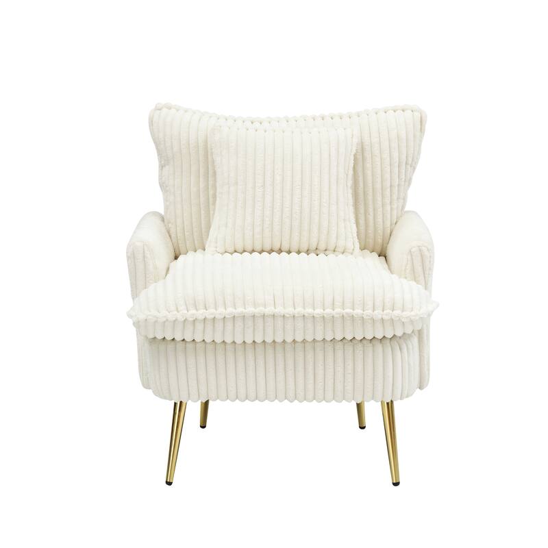 Corduroy Single Sofa Chair, Ergonomic Lounge Reading Chair, Upholstered Decorative Chair with Pillow & Metal Legs