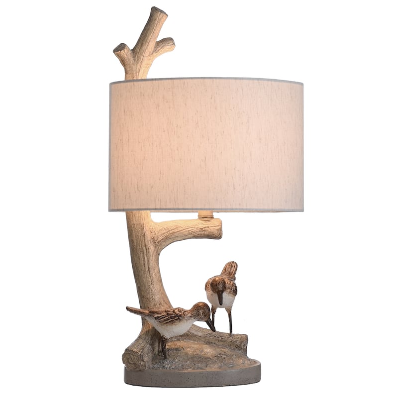 Iuka Farmhouse Birds On A Limb Table Lamp - Nested Tone Finish - Heathered Oatmeal Fabric Shade