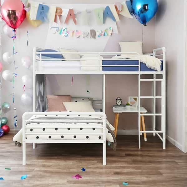 slide 2 of 8, Modern Geo Cutout Colorful Twin L-Shaped Bunk Bed White+Cool