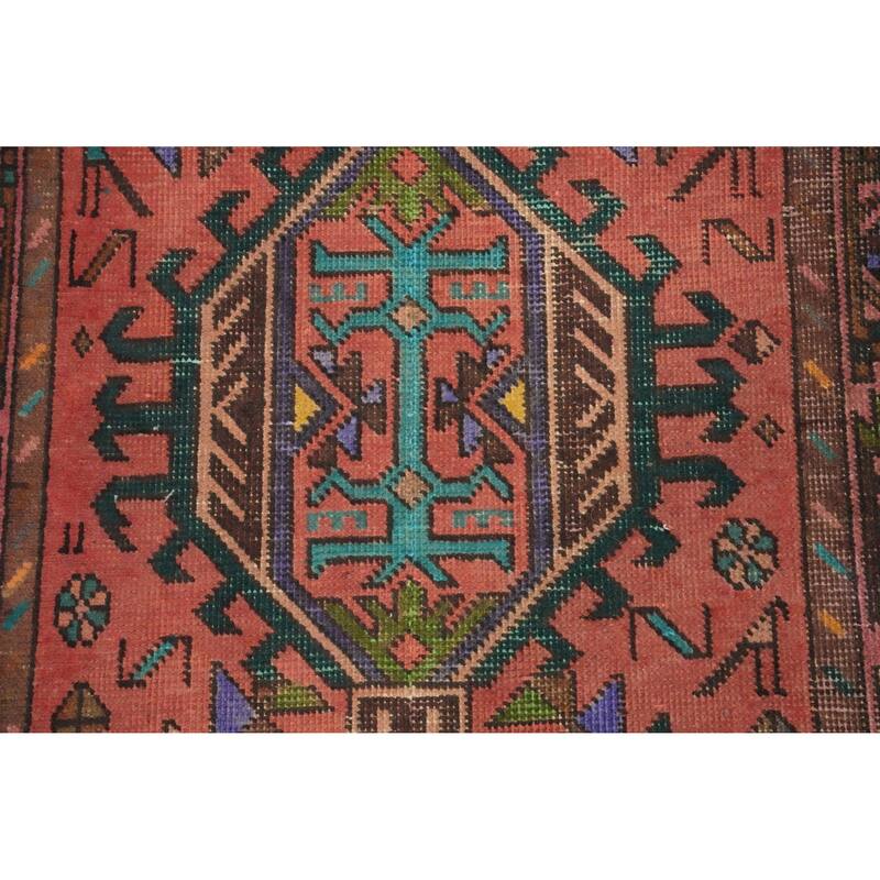 Hand Knotted Oriental 100% Wool Carpet Traditional Geometric Pink Heriz Runner Rug - 12' 2'' X 3' 0''