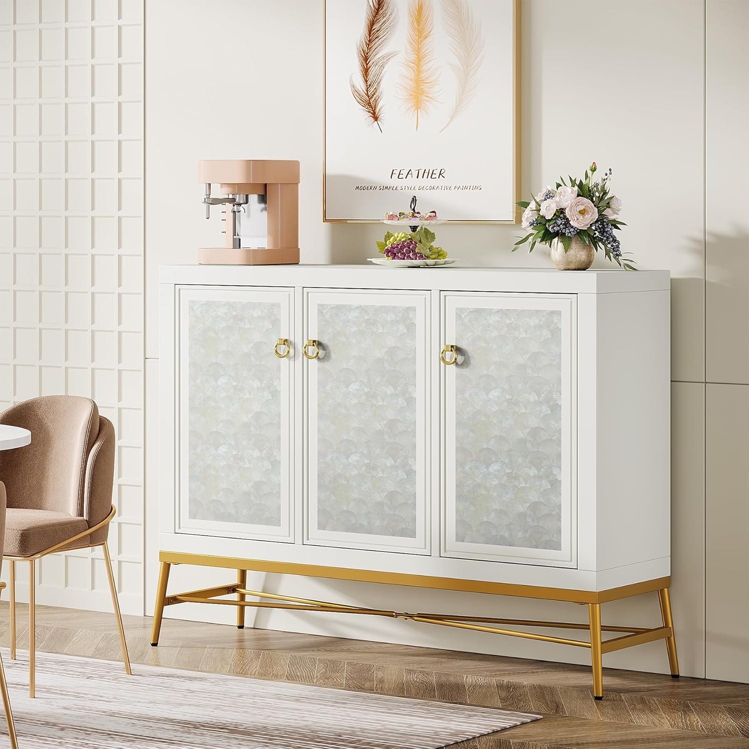 45 Inches White Modern Wood Sideboard Buffet Cabinet with 3 Doors & Adjustable Shelves - Bed Bath & Beyond