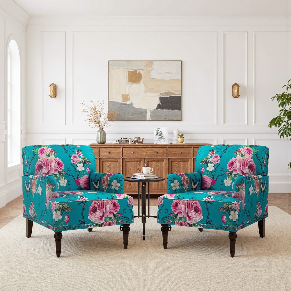 2 Set Linen Upholstered Armchairs Nailhead Trim Accent Chairs with Wooden Legs