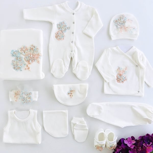 slide 2 of 4, Newborn Baby Girl Coming Home 3D Floral Outfit Set - 10 Pcs