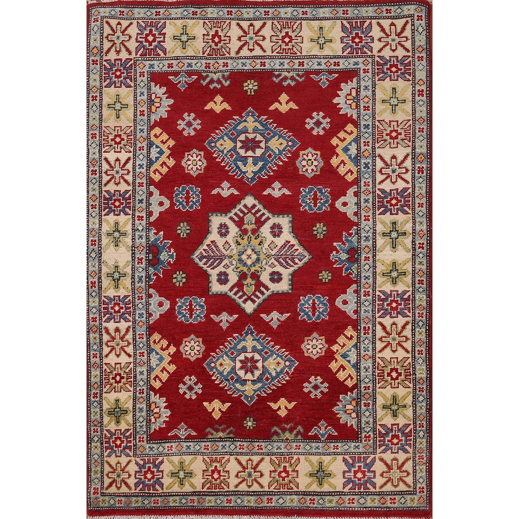 Red Geometric Kazak Accent Rug Handmade Traditional Wool Carpet - 3'5" x 5'0"