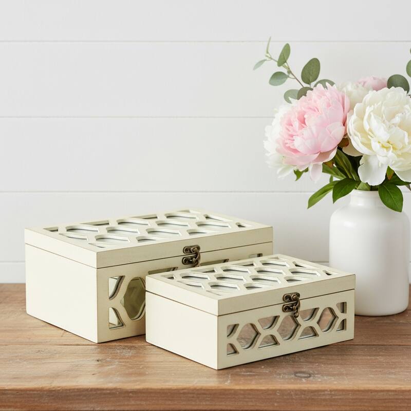 HomeRoots Set of Two White Mirrored Glass And Solid Wood Box With Lid