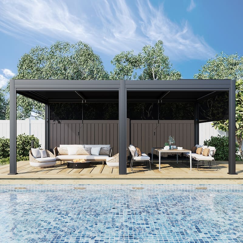 EROMMY Outdoor Louvered Pergola Gazebo with Adjustable Aluminum Rainproof Roof and Pull-Down Screen