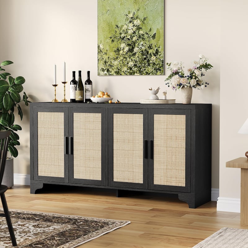 62 Inch Rattan Sideboard Buffet Cabinet, 4-Door with Shelves
