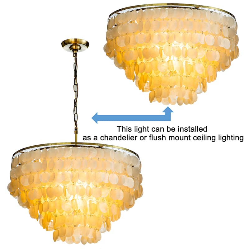 CraftHome 6-Light Coastal Natural Capiz Shell Tiered Flush Mount Ceiling Light With Antique Gold Metal for Living Room - 24''