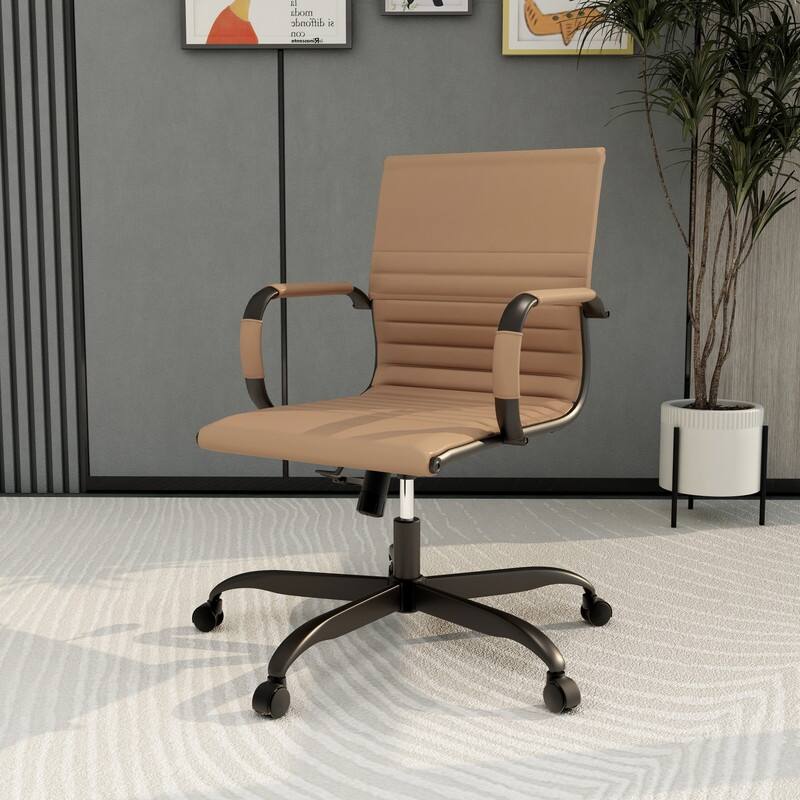 Harris Leather Mid-Back Adjustable Seat Height Office Desk Computer Swivel Chair in Black Metal Frame for Home Conference