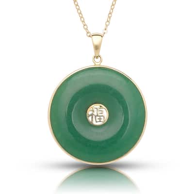 Curata 14k Yellow Gold 18" Dyed Green Jade Gold-rimmed Disc Pendant Necklace (25mm x 32mm) - 25mm x 32mm