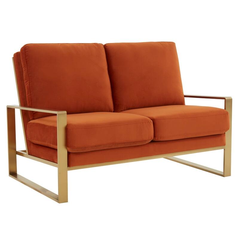 Jefferson Modern Two-Seater Velvet Loveseat with Brushed Gold Stainless Steel Base, Removable Cushions for Living Room or Lounge - Orange