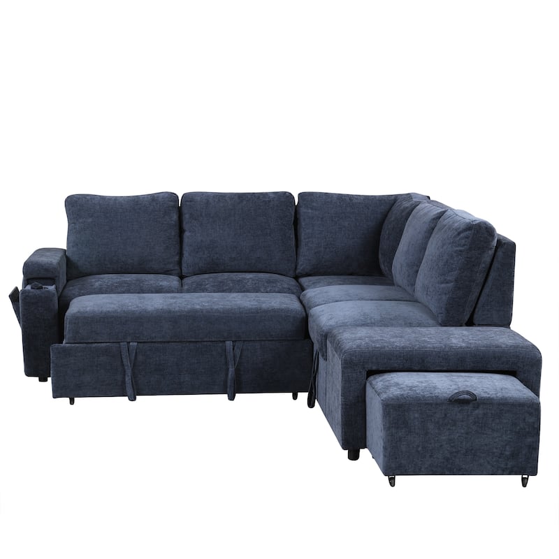 Convertible Sleeper Sectional Sofa with Pull-Out Bed & Storage, L-Shape Modular Sofa with Ottoman, USB Ports & Cup Holders