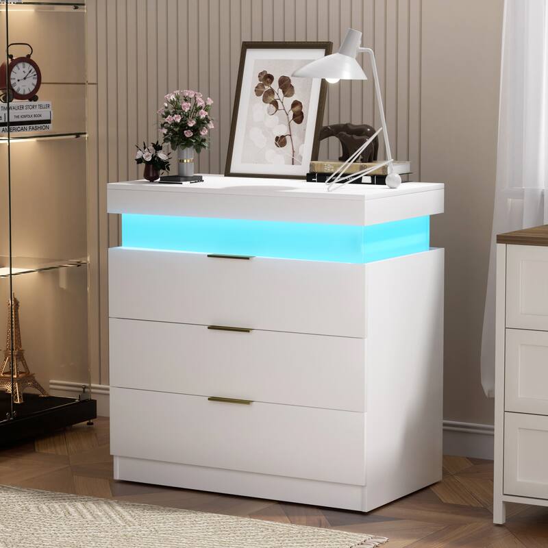 White Accent Table Nightstand with Charging Station and LED Lights, End Table Side Table with Drawers