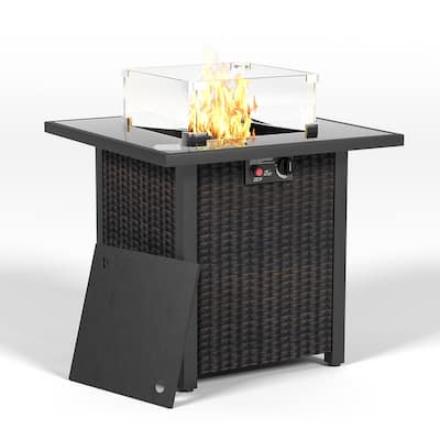 28 Inch Propane Fire Pit Table, Rattan & Wicker-Look, 50000 BTU Gas Firepits Tempered Glass Tabletop
