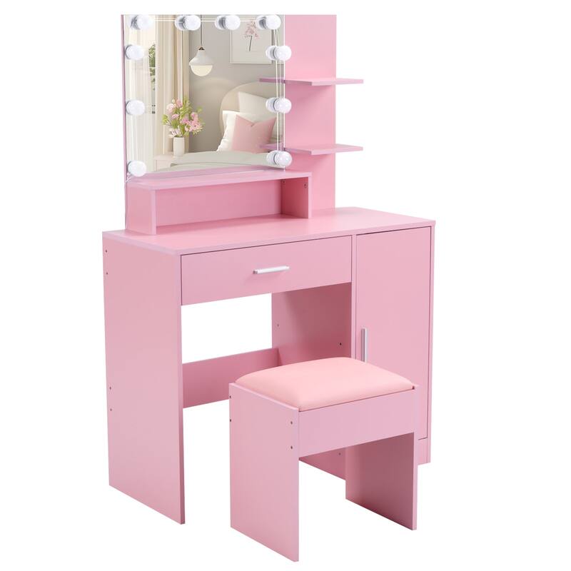 Vanity Set Pink Particle Board 1 Drawer 1 Door 3 Shelves Lamp - 29.53" x 15.55" x 53.27"