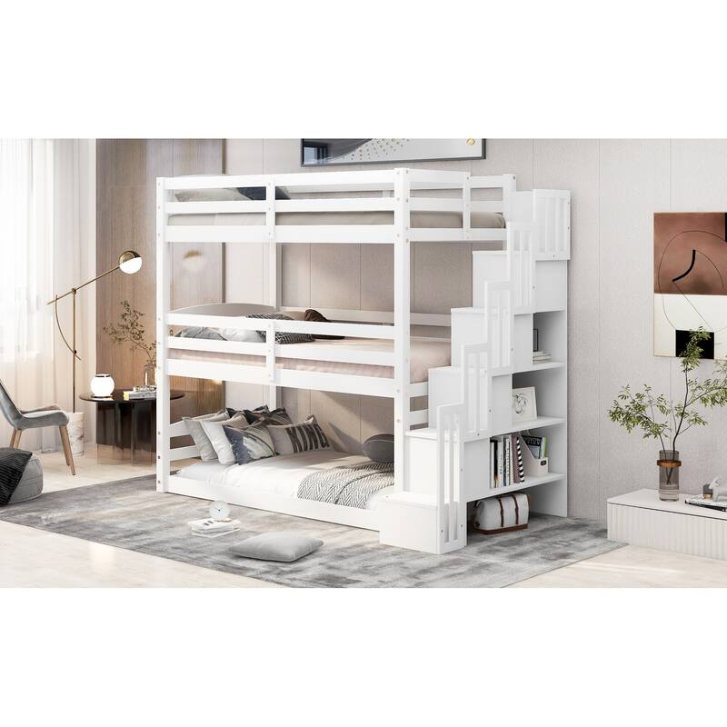 Triple Bunk Bed with Storage Stairs, Twin Size, White, Separate Design