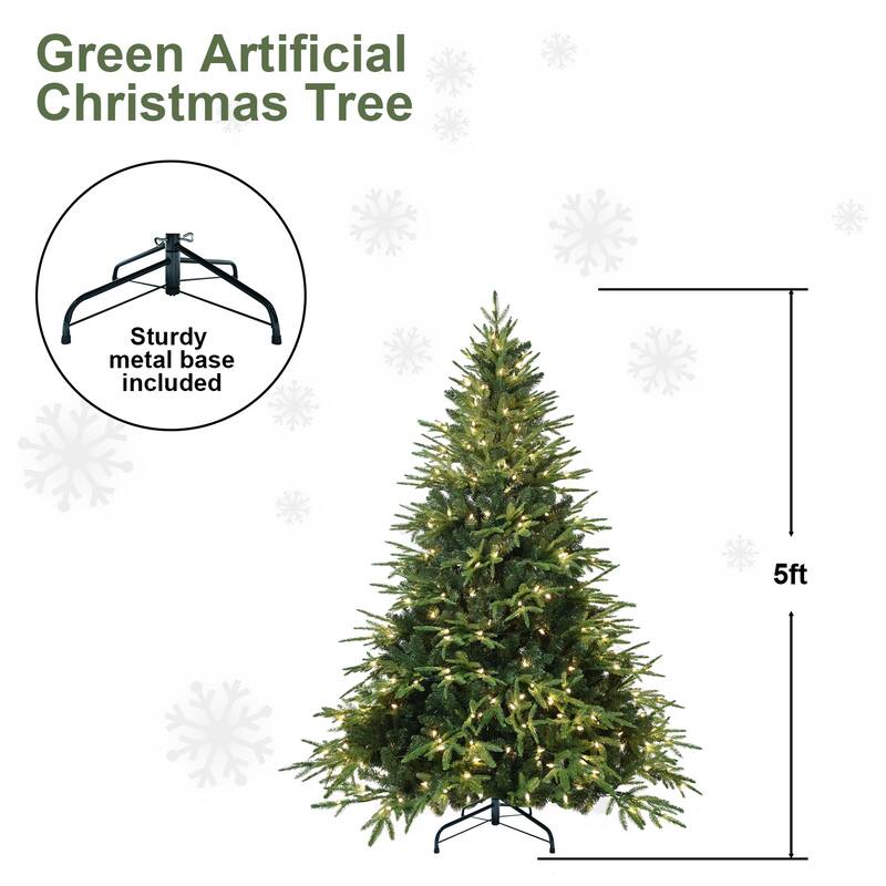 Pre-Lit Artificial Pine Tree - Warm White Incandescent Lights, PE+PVC Branches, Metal Stand - Green