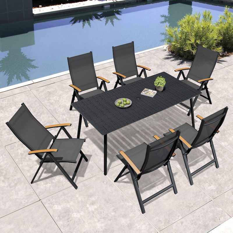 7/9-Piece Outdoor Patio Dining Set Aluminum Rectangular Dining Table and Folding Chairs - Black Table - Set of 7