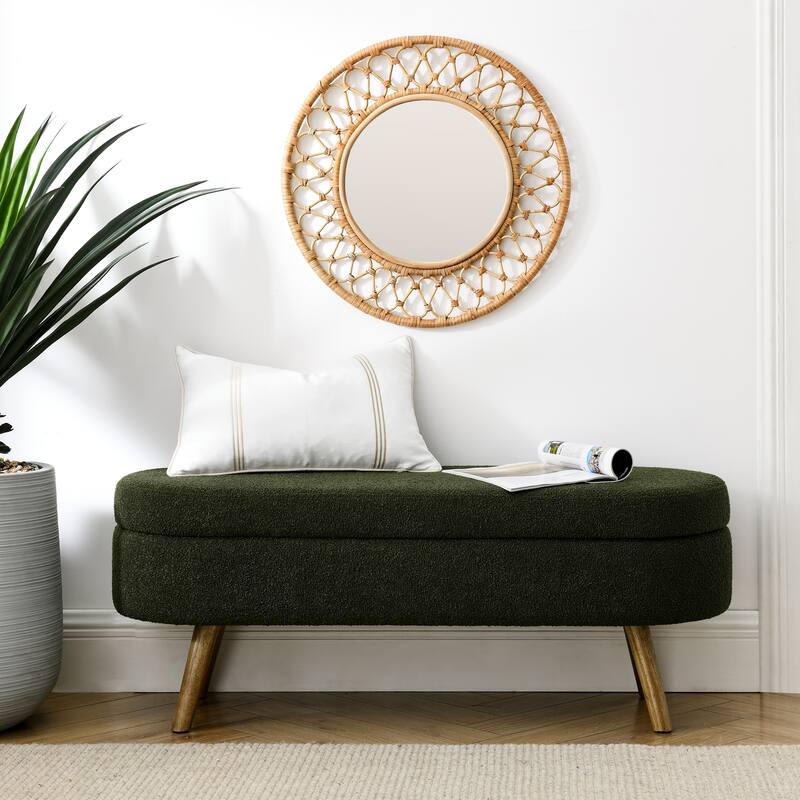 43.5 in. Oval Bedroom Bench Linen Fabric Upholstered Storage Ottoman Bench with Solid Wood Legs Entryway Bench - Green