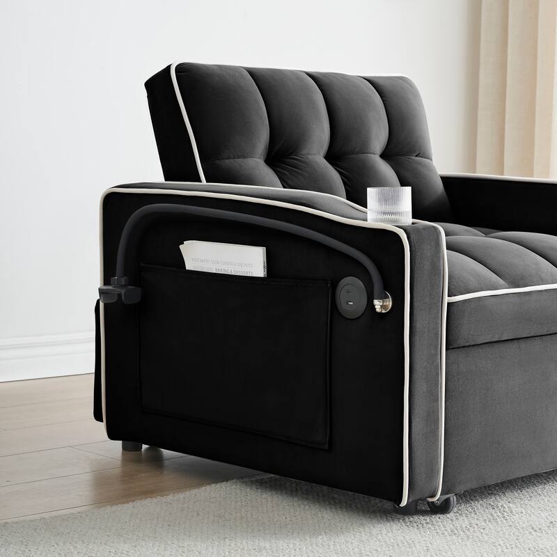 foldable sofa bed , modern sofa sofa velvet pull-out bed, adjustable back and with USB port and ashtray and swivel phone stand