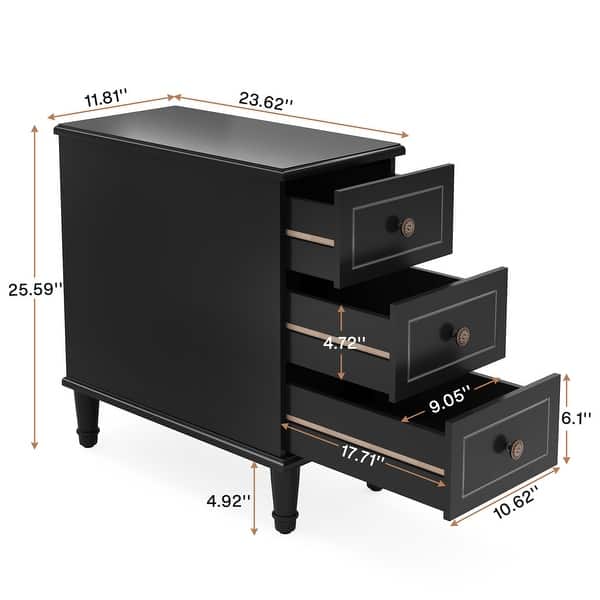 dimension image slide 0 of 3, Fully Assembled Narrow End Table, Solid Wood Side Table with 3 Drawers, Vintage Nightstand Slim Bedside Table for Small Spaces