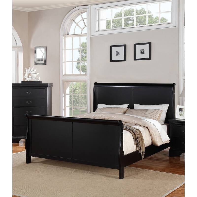 Modern Queen Size Bed with Sleigh Design Headboard and Footboard in Black Finish