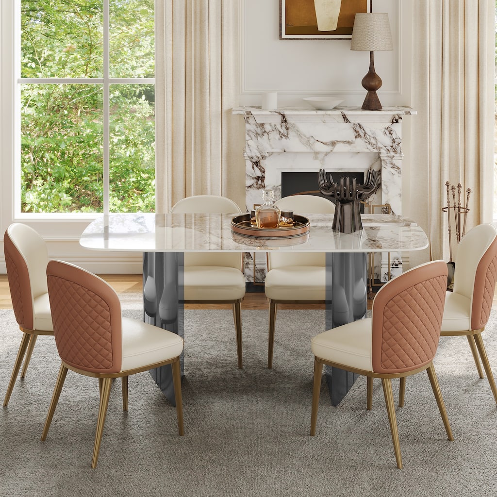 Modern 78.74" Luxury Rectangle Sintered Stone Dining Table with Stainless Steel Base for 8-10