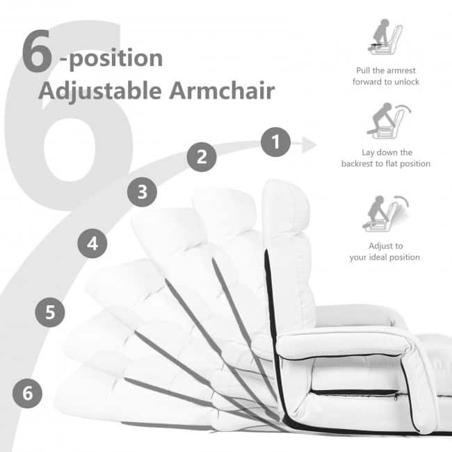 Folding Lazy Floor Chair Sofa with Armrests and Pillow-White - 22" x 26" x 29" (L x W x H)