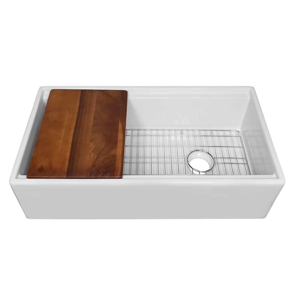 36" Reversible Single Bowl Fireclay Sink Set with a Smooth Front Apron, Walnut Wood Cutting Board and Stainless Steel Grid