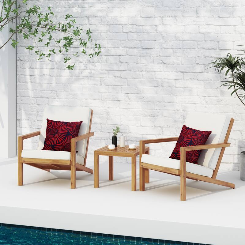 LEAH 3 PC CHAT SET Teak Acacia Wood Outdoor Conversation Set Water Resistant Cushions Adirondack Style