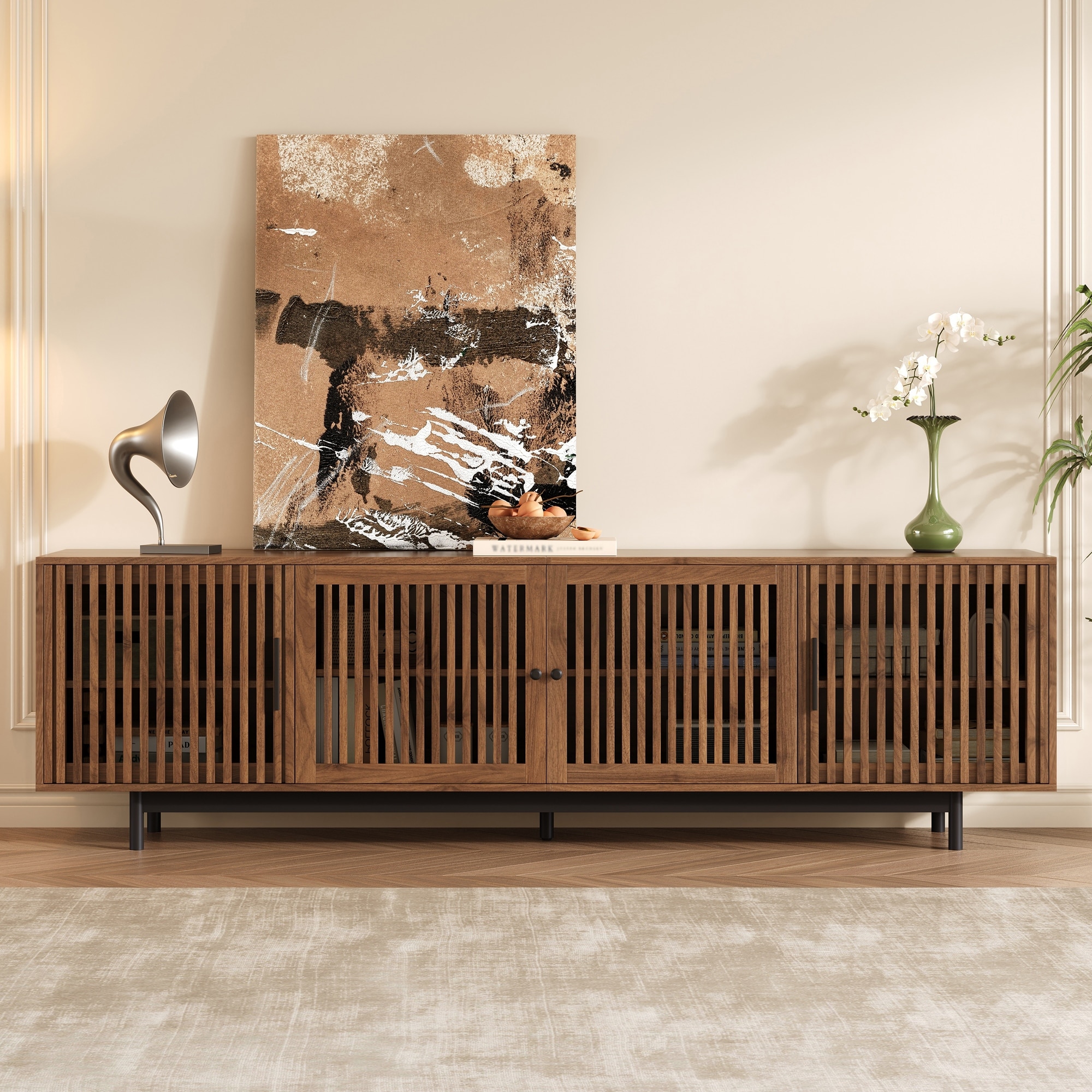 Modern TV Stand 78 Inch for TVs up to 85 with Closed Storage and Cable Management