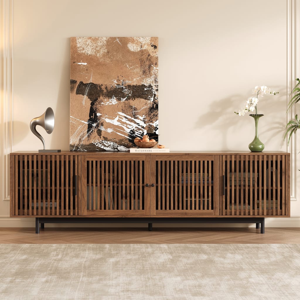 Roomfitters 78 Inch Modern TV Stand for TVs up to 85 Inch, Media Console with Soft-Closing Hinges & Solid Wood Legs, Walnut