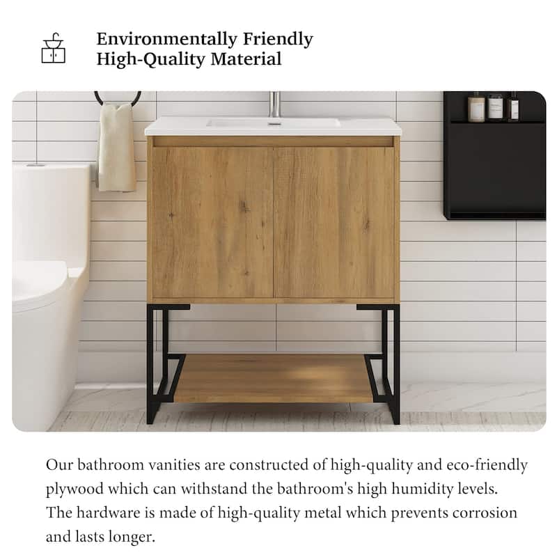 Freestanding Bathroom Vanity Set in Oak with Integrated Solid Surface Sink