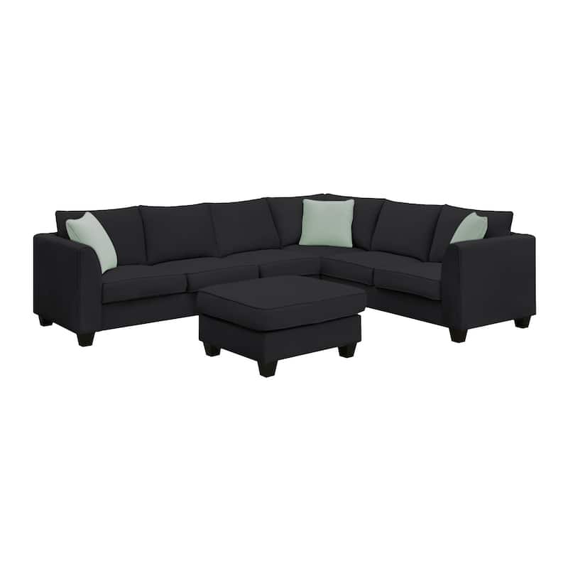 112-inch L-shaped 7-seat Modular Sectional Sofa with Ottoman and Three Pillows - 112"W x 87"D x 33"H - Black