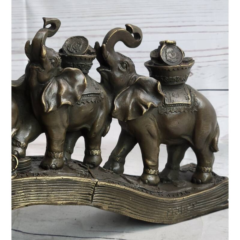 Elephants Crossing Bridge Carrying Money Fortune Lucky Bronze Sculpture Statue Art Decor