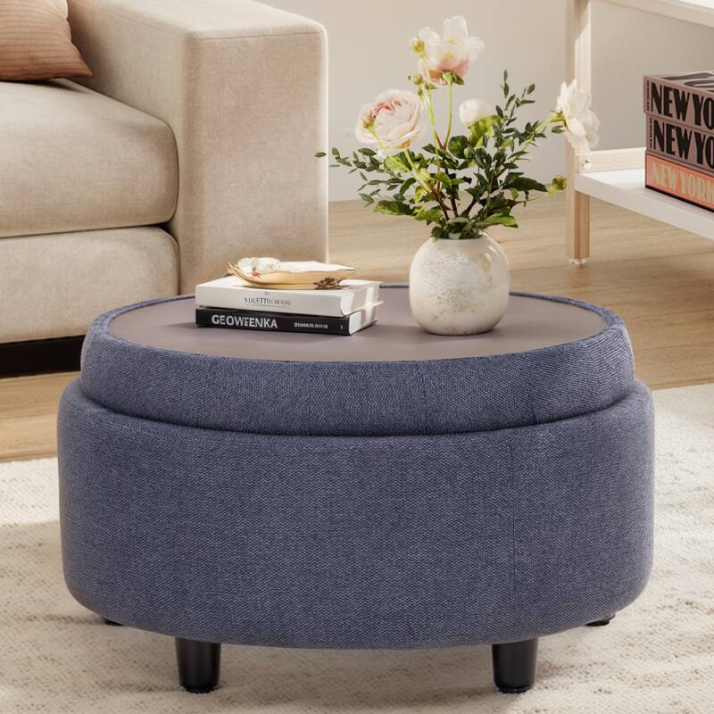 Fabric Storage Ottoman with Tray Lid - Footrest & Hidden Storage for Living Room​
