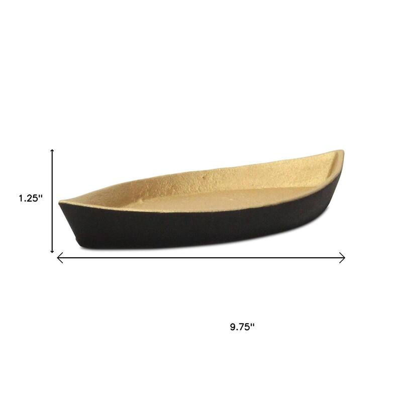 HomeRoots 10" Black And Gold Cast Iron Oval Boat Shaped Tray - 9.75 in. x 1.25 in. x 4.25 in.