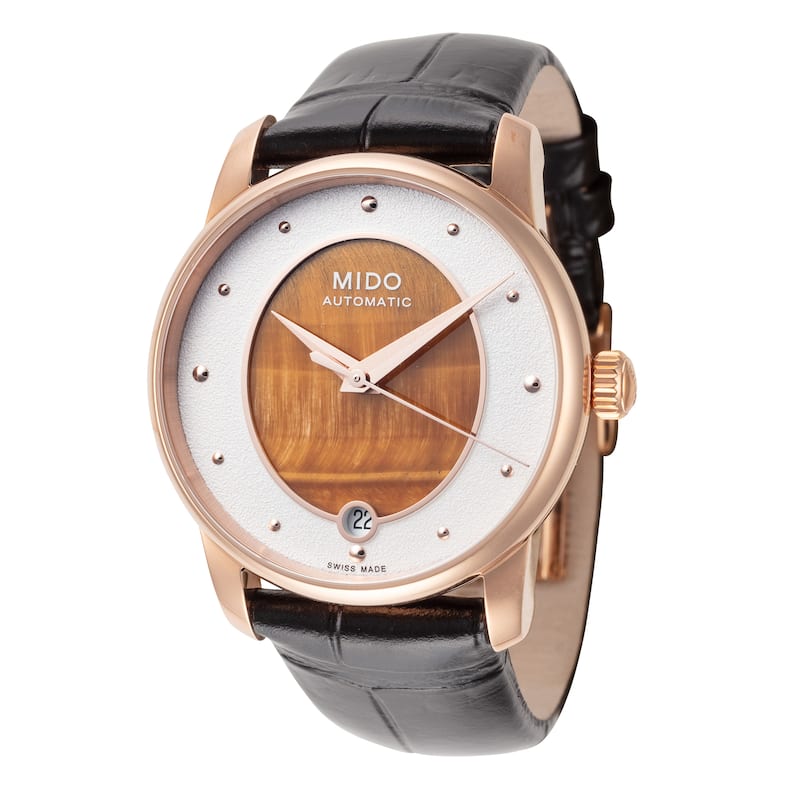 Mido Women's Baroncelli 33mm White and Orange Dial Leather Automatic Watch - Black - One Size