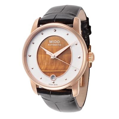 Mido Women's Baroncelli 33mm White and Orange Dial Leather Automatic Watch - Black - One Size