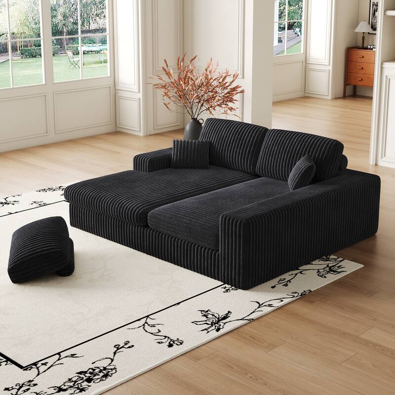 Corduroy Sleeper Sofa Bed L-shaped Sectional Sofa with Chaise, Living Room 2-in-1 Convertible Couch with Detachable Neck Pillows