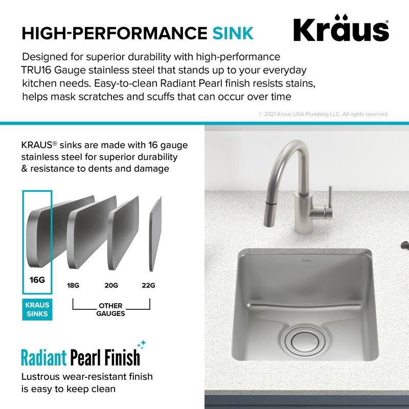 Kraus Dex 17" Single Basin 16 Gauge Stainless Steel Kitchen Sink for