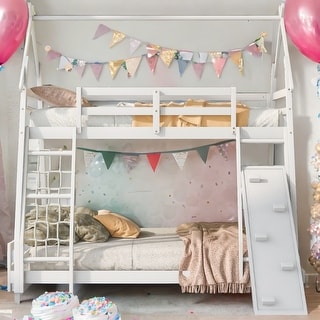 Playful Design Twin over Queen House Bunk Bed with Climbing Nets and Climbing Ramp-White