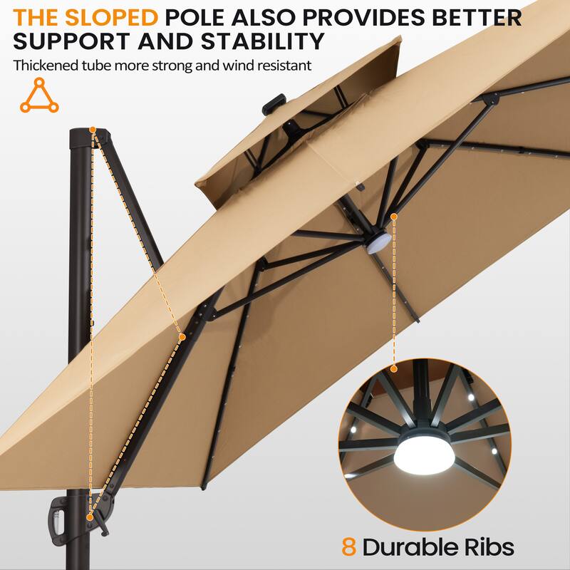 VredHom Solar LED Light 11FT Square Outdoor Cantilever Patio Umbrella without Base