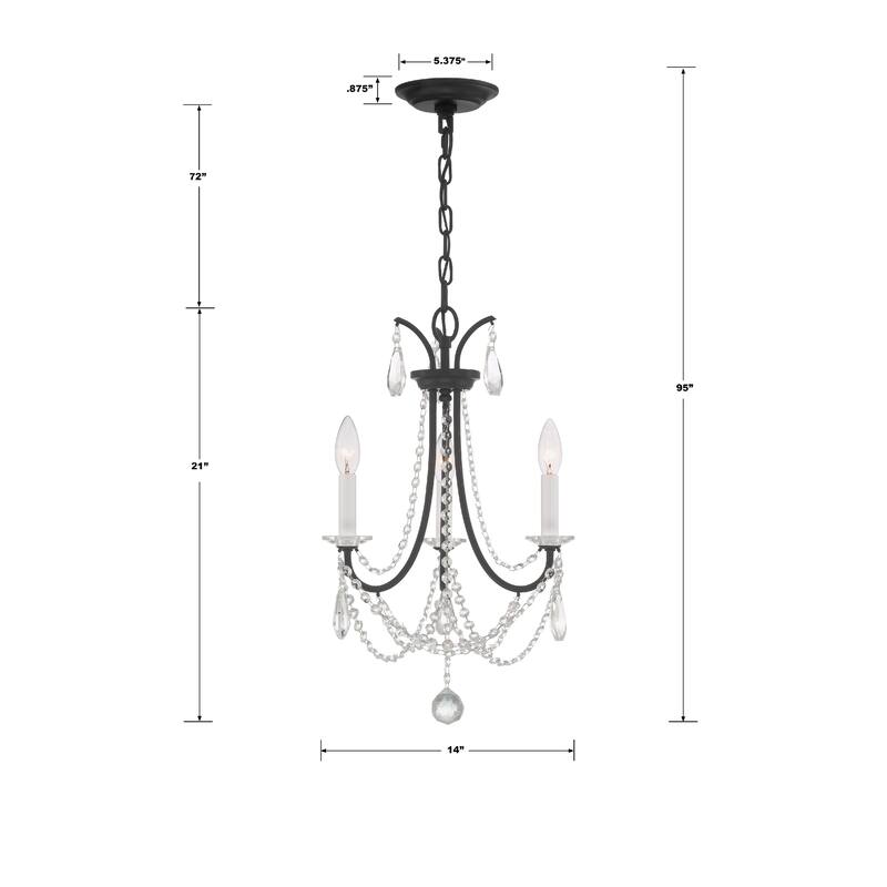 Karrington 3 Light Matte Black Mini Chandelier - 14"W x 21"H