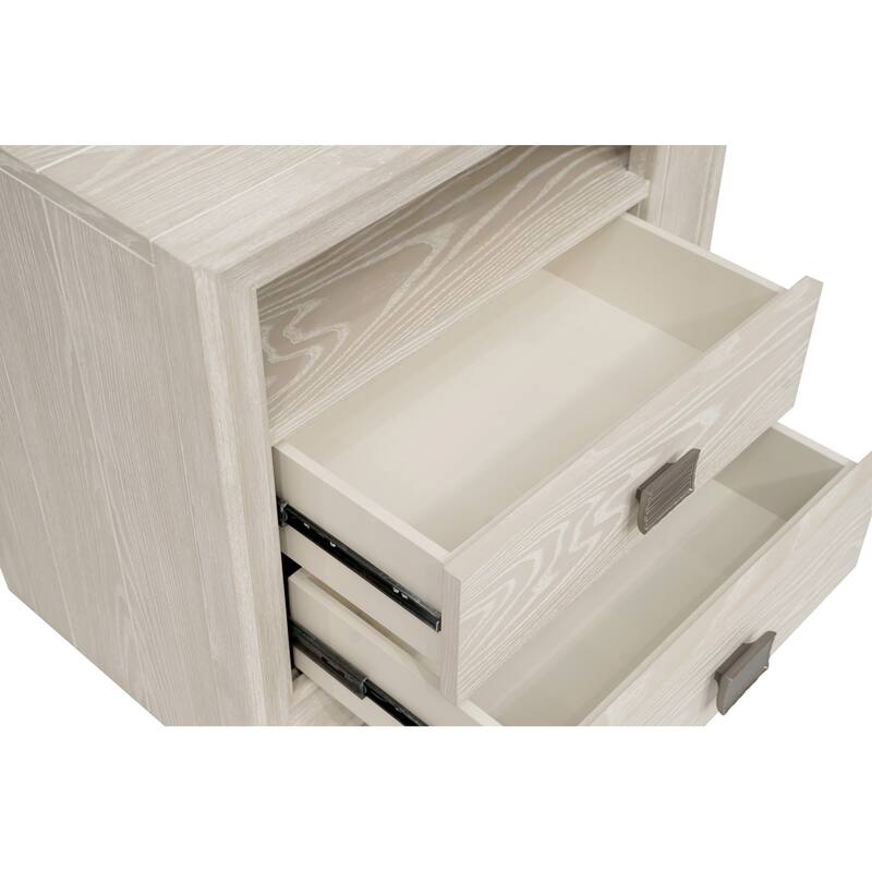 Maxi 28 Inch Nightstand, 2 Drawers, USB Charger, Metal Handles, Beige Wood